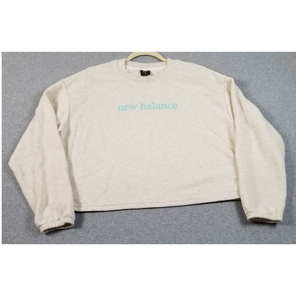 New Balance Sweatshirt Women M Medium Gray Blue Logo Cropped Pullover Athleisure
